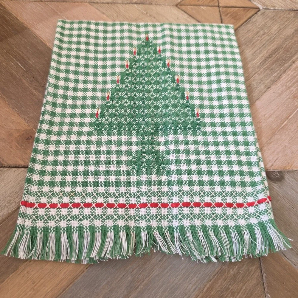 Christmas Tree Towel Green‎ White Gingham Check Holiday Decor Table Needlepoint